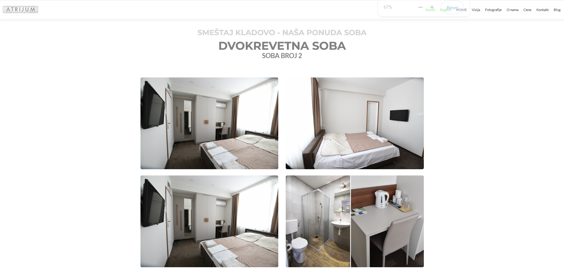 Detaljna stranica dvokrevetne sobe sa fotografijama enterijera