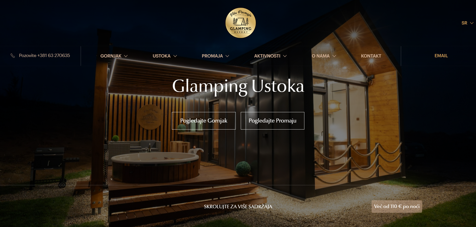 Početna stranica sajta Glamping Ustoka noću