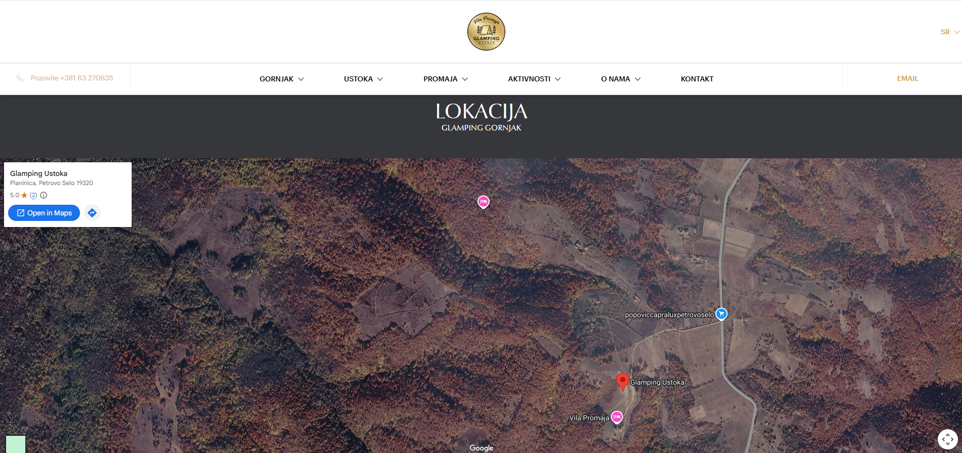 Sekcija lokacije sa satelitskim prikazom Glamping Ustoka
