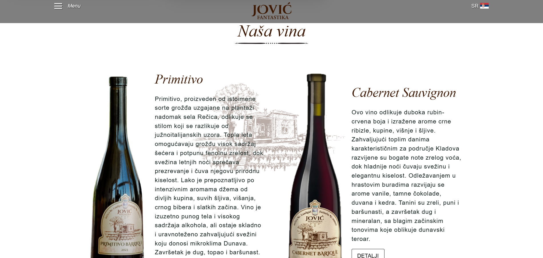 Stranica vina sa bocama Primitivo i Cabernet Sauvignon